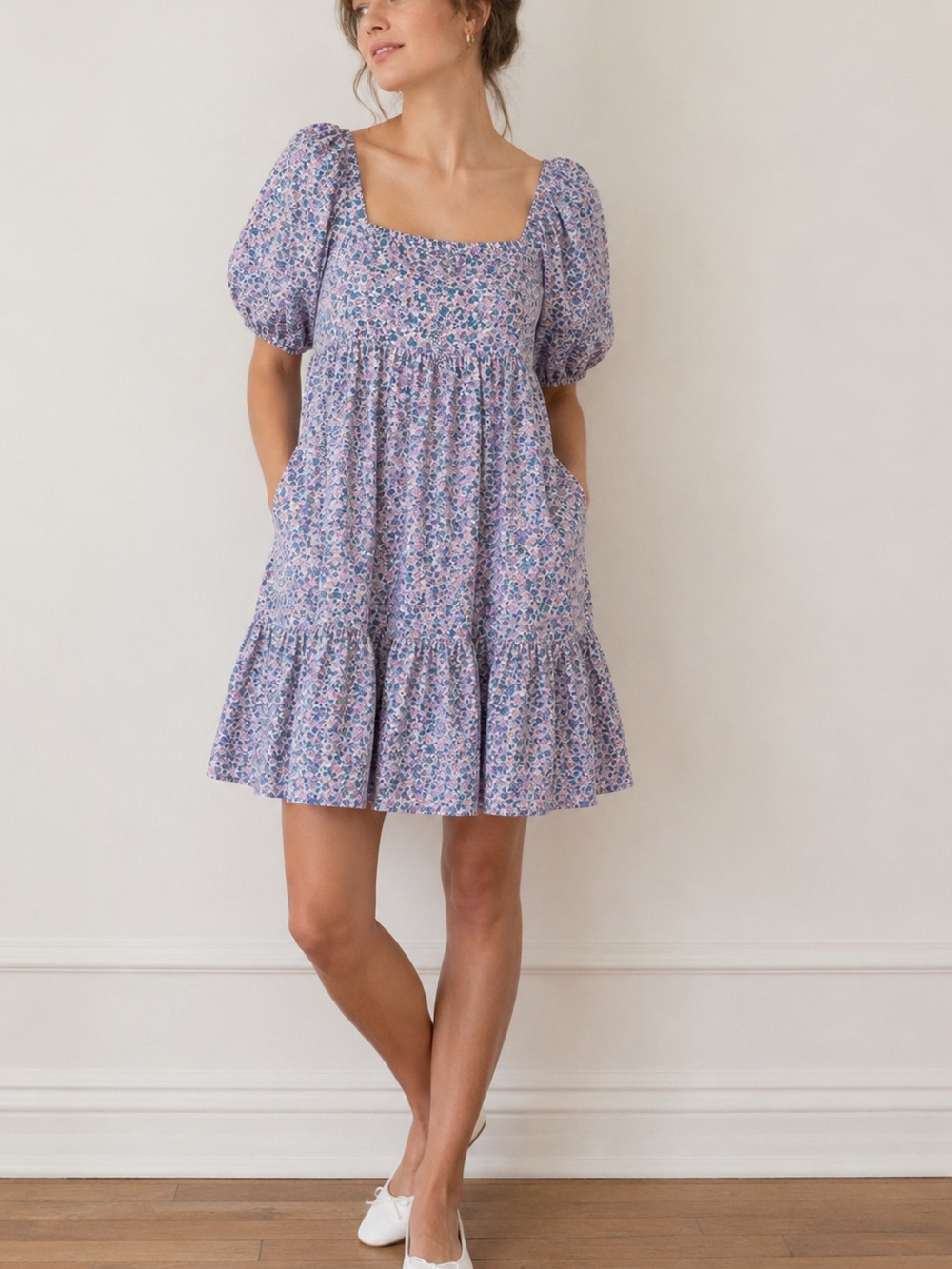 Uniqlo Printed Cotton‎ Mini Dress Puff Sleeve Floral Size XS